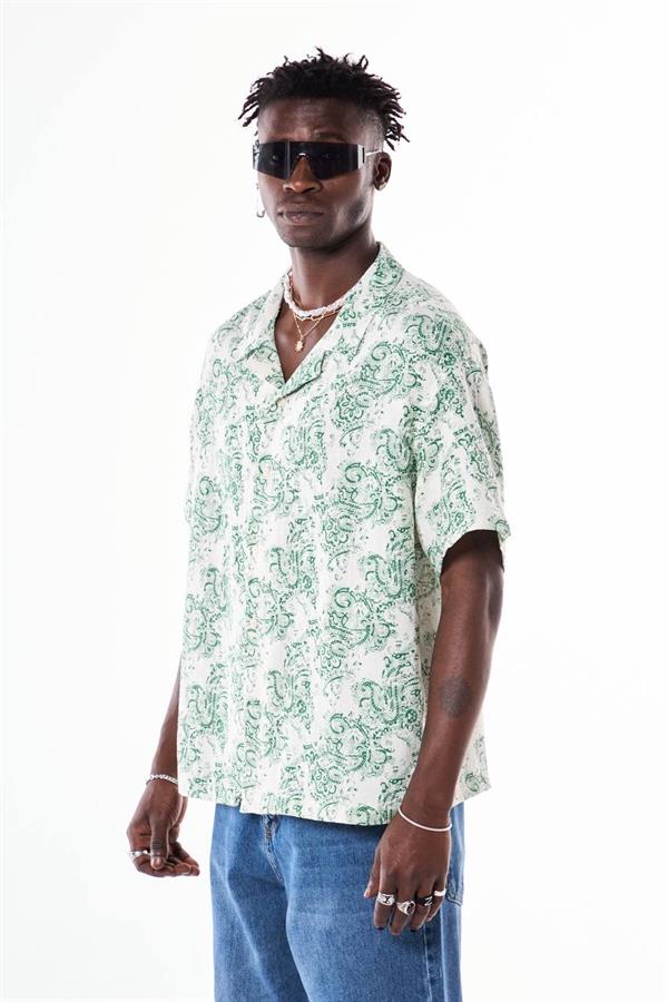 Etnik Desenli Basic Tasarım Gömlek - Beyaz-Yeşil