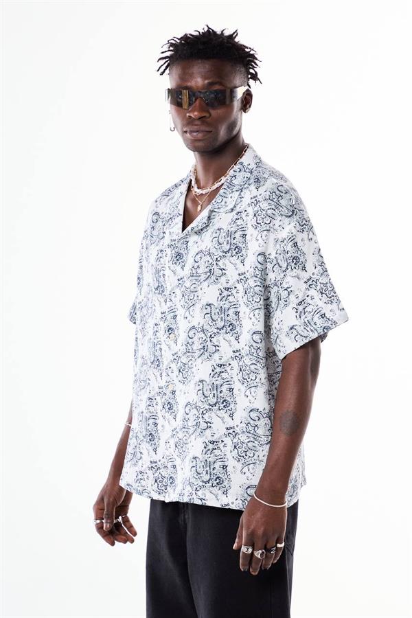 Etnik Desenli Basic Tasarım Gömlek - Beyaz-Siyah