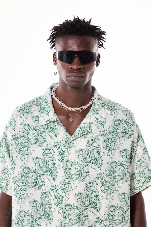 Etnik Desenli Basic Tasarım Gömlek - Beyaz-Yeşil