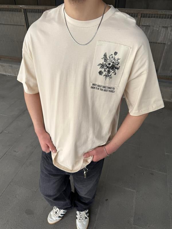 Etnik Pacht Detaylı Oversize T-Shirt -Bej