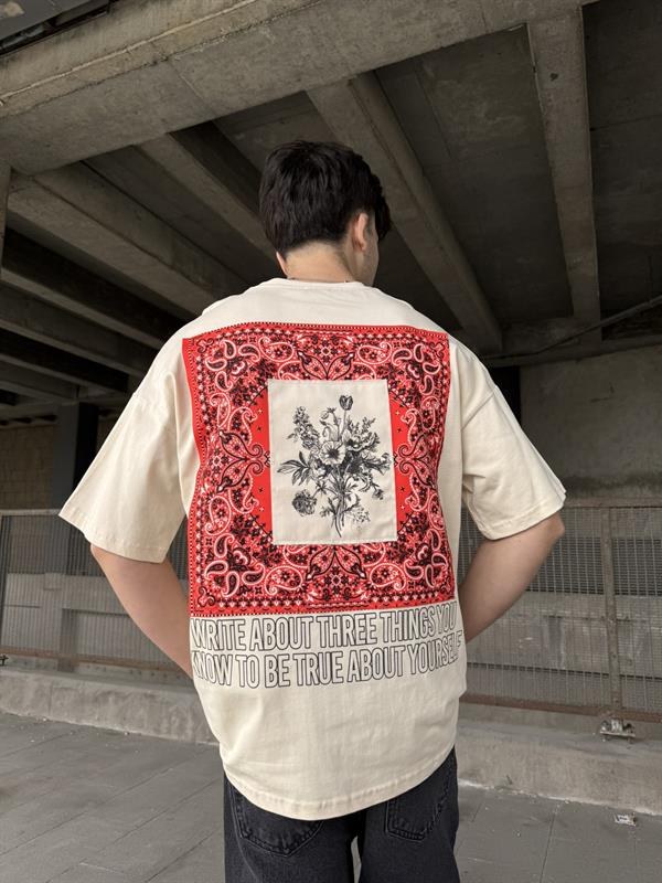 Etnik Pacht Detaylı Oversize T-Shirt -Bej