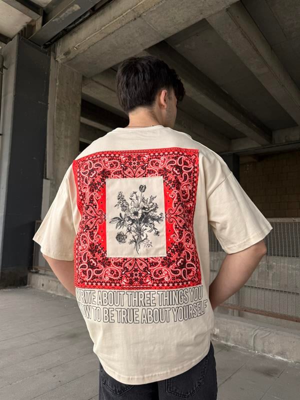 Etnik Pacht Detaylı Oversize T-Shirt -Bej