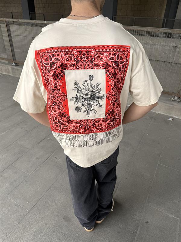 Etnik Pacht Detaylı Oversize T-Shirt -Bej