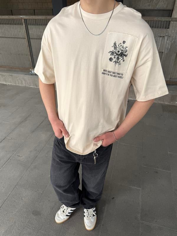 Etnik Pacht Detaylı Oversize T-Shirt -Bej
