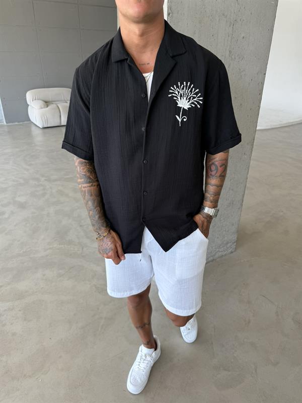 Flower Nakışlı Gömlek - Siyah