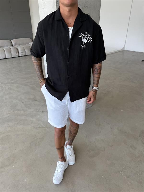 Flower Nakışlı Gömlek - Siyah