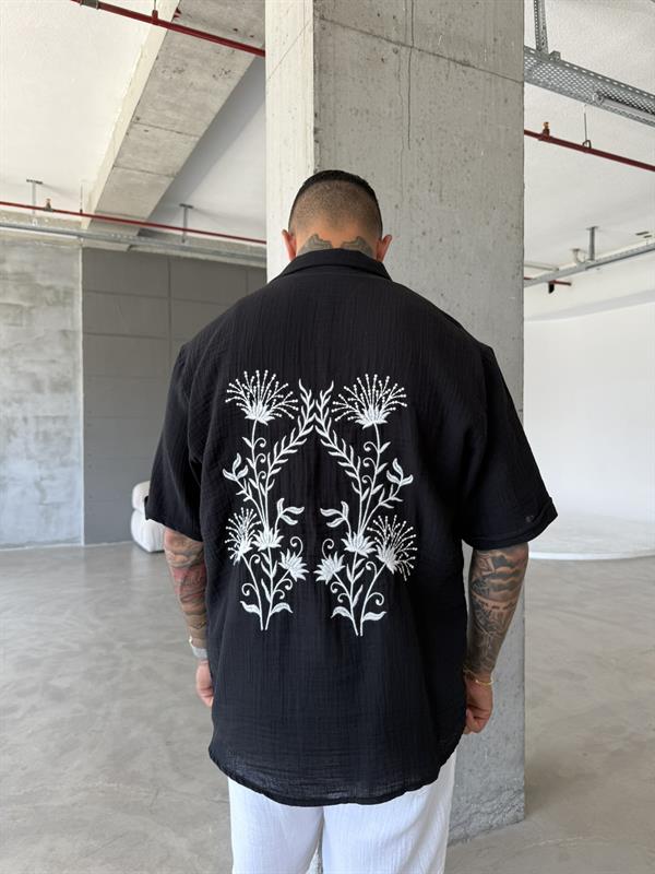 Flower Nakışlı Gömlek - Siyah