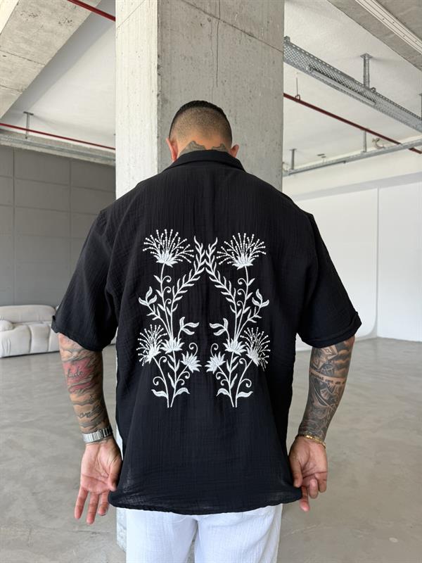 Flower Nakışlı Gömlek - Siyah