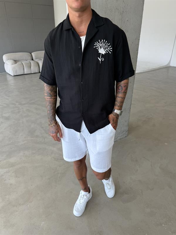 Flower Nakışlı Gömlek - Siyah