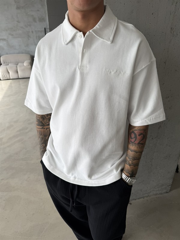 Forget The Future Nakışlı Basic Polo Yaka - Beyaz