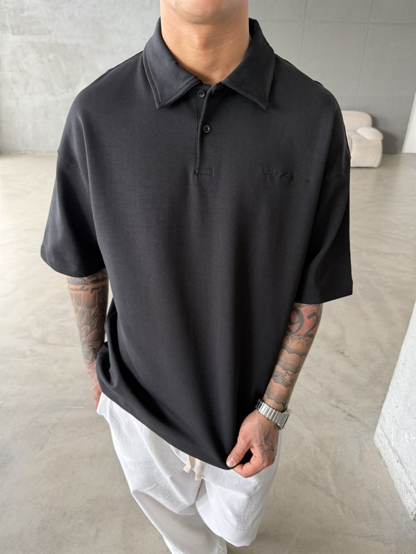Forget The Future Nakışlı Basic Polo Yaka - Siyah