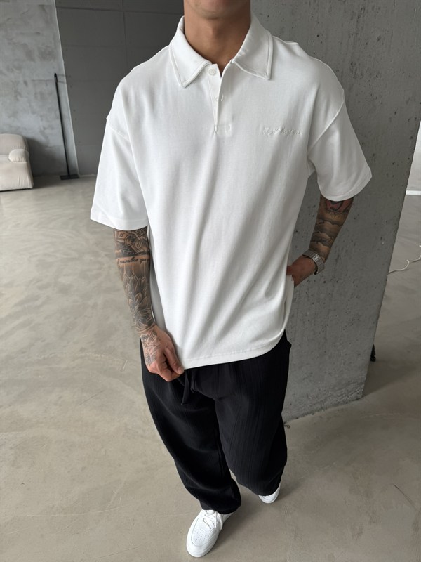 Forget The Future Nakışlı Basic Polo Yaka - Beyaz