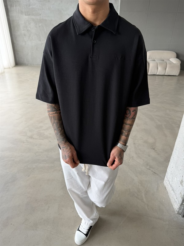 Forget The Future Nakışlı Basic Polo Yaka - Siyah