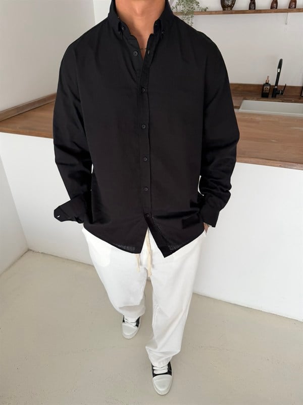 Fresh Keten Gömlek - Siyah