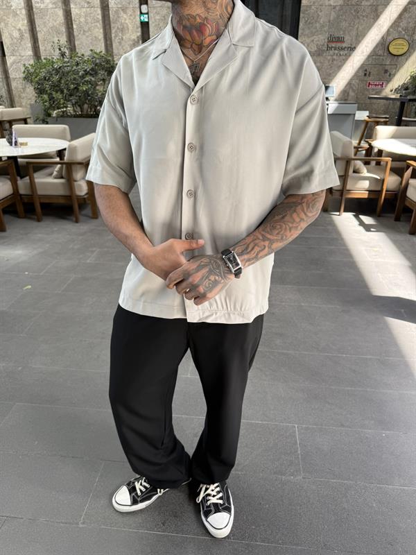 Garbardin Kumaş Gömlek Yarım Kol - Haki