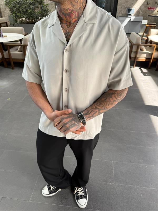 Garbardin Kumaş Gömlek Yarım Kol - Haki