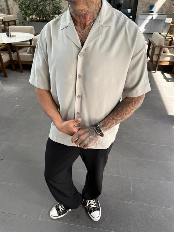 Garbardin Kumaş Gömlek Yarım Kol - Haki