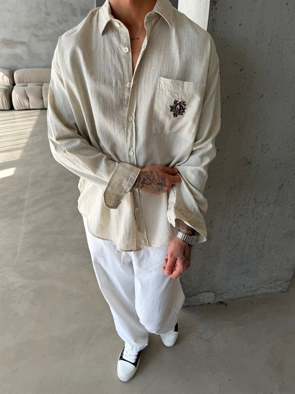 GG Nakışlı Premium Gömlek - Bej