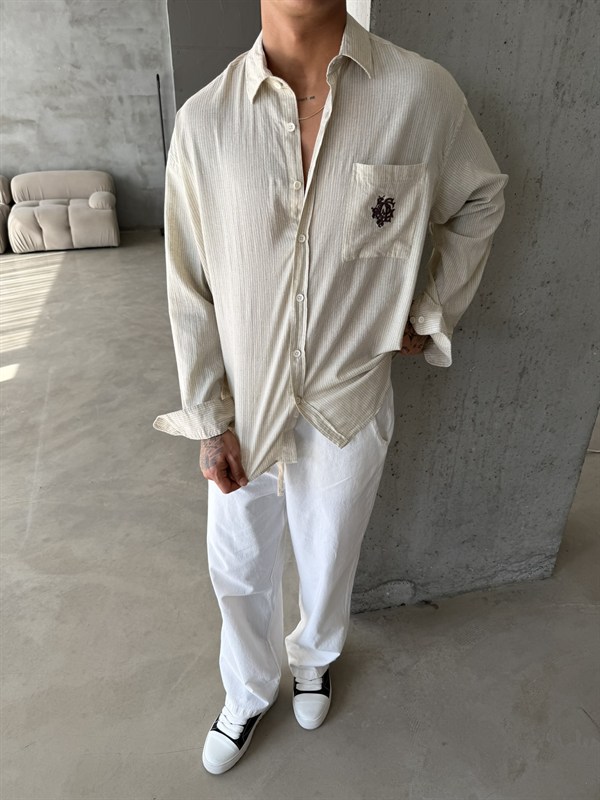 GG Nakışlı Premium Gömlek - Bej