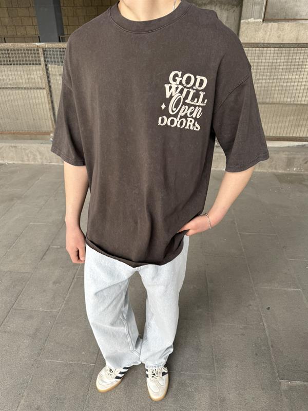 God Will Yıkamalı Oversize T-Shirt - Kahve