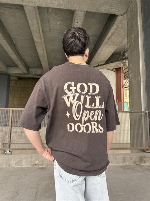 God Will Yıkamalı Oversize T-Shirt - Kahve