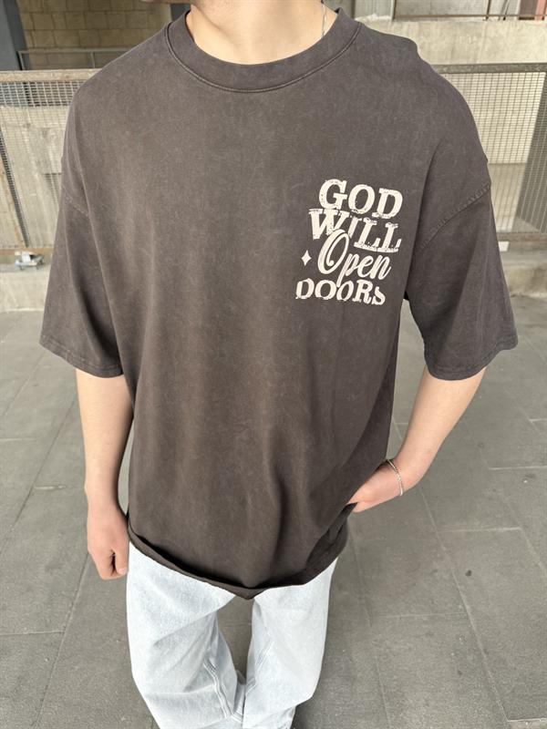 God Will Yıkamalı Oversize T-Shirt - Kahve