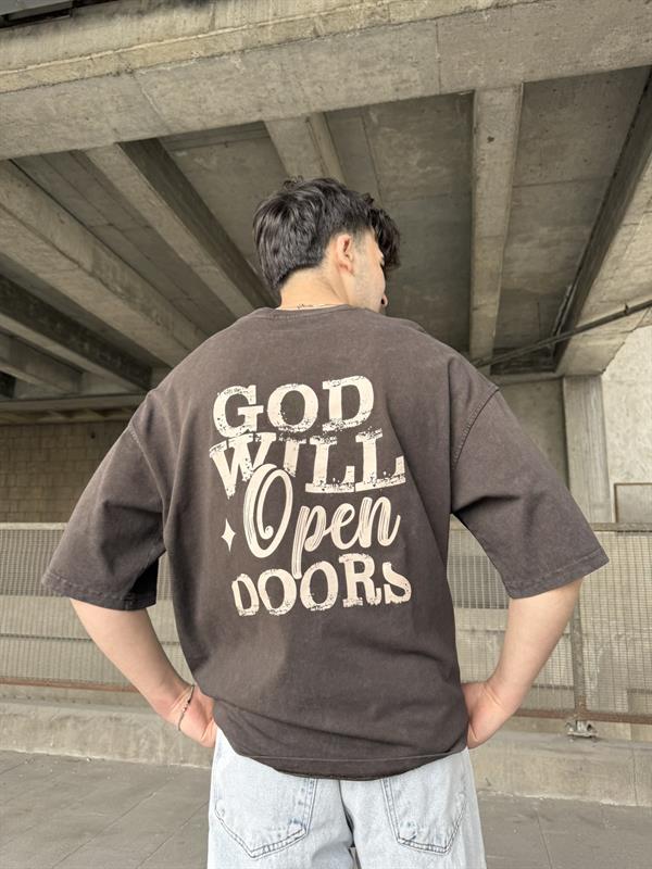 God Will Yıkamalı Oversize T-Shirt - Kahve