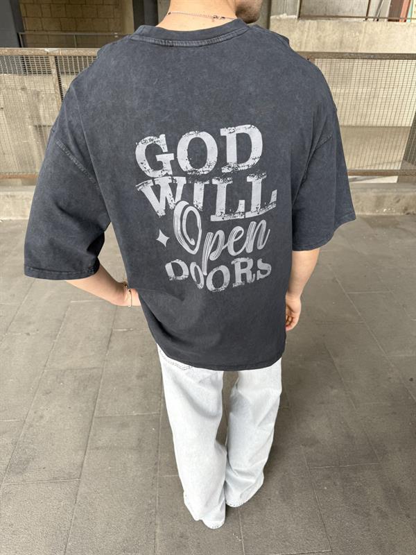 God Will Yıkamalı Oversize T-Shirt - Siyah