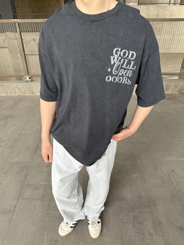 God Will Yıkamalı Oversize T-Shirt - Siyah
