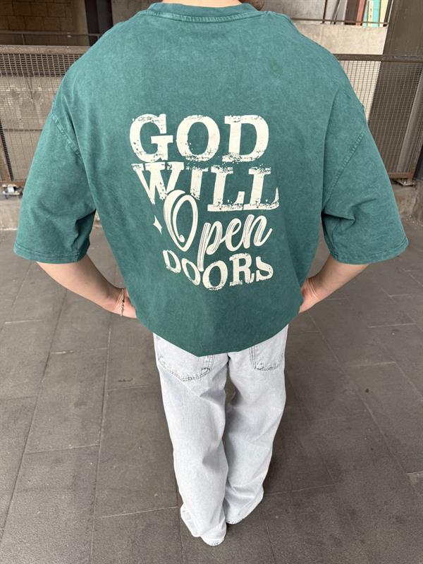 God Will Yıkamalı Oversize T-Shirt - Yeşil