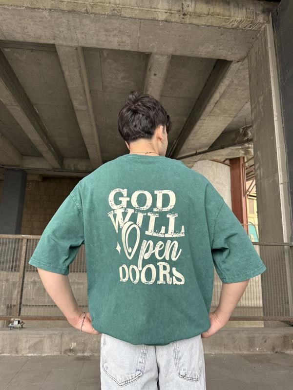 God Will Yıkamalı Oversize T-Shirt - Yeşil