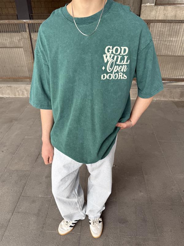 God Will Yıkamalı Oversize T-Shirt - Yeşil