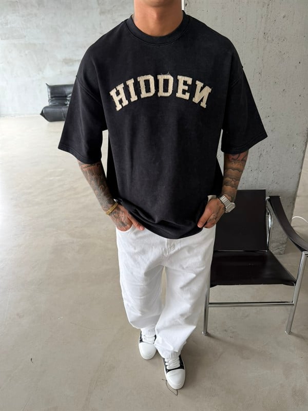 Hıddem Acid Yıkama Pacht Detaylı T-Shirt - Siyah