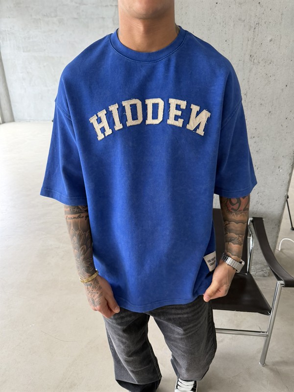 Hıddem Acid Yıkama Pacht Detaylı T-Shirt - Mavi