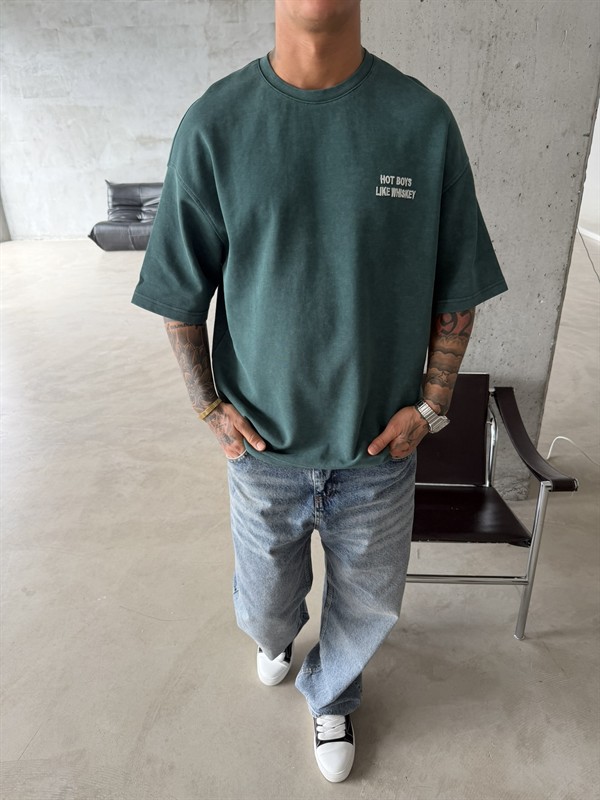 Hot Boys Like Whiskey Acid Yıkamalı T-Shirt - Yeşil