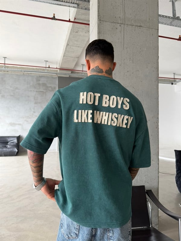 Hot Boys Like Whiskey Acid Yıkamalı T-Shirt - Yeşil