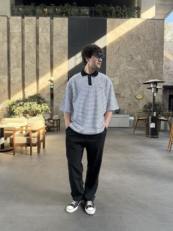 Jaceyjace Basic Cizgili Polo Yaka - Beyaz