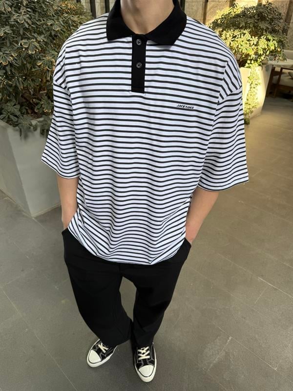 Jaceyjace Basic Cizgili Polo Yaka - Beyaz