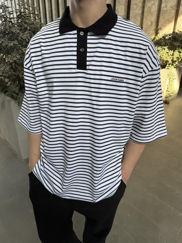Jaceyjace Basic Cizgili Polo Yaka - Beyaz