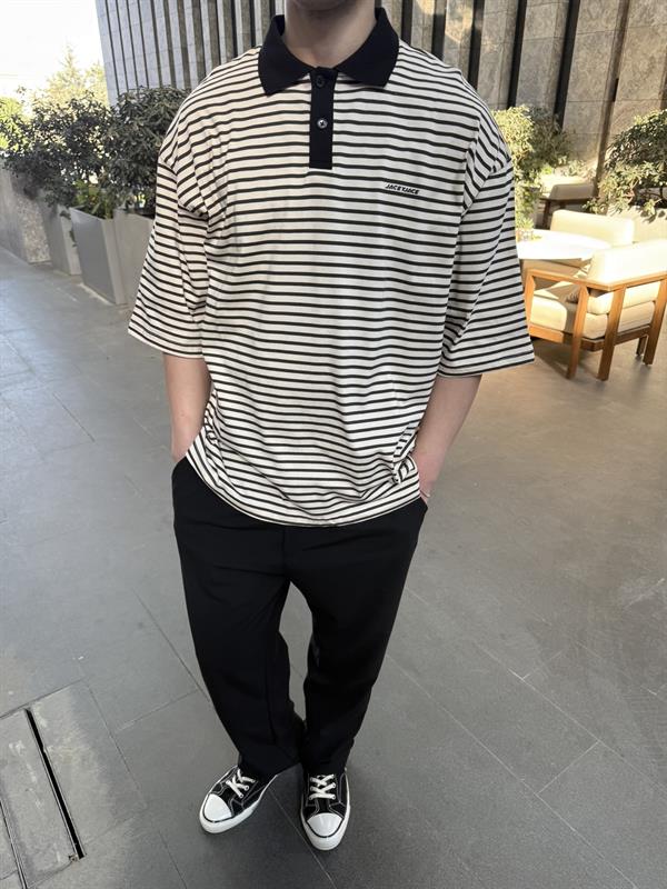 Jaceyjace Basic Cizgili Polo Yaka - Kemik