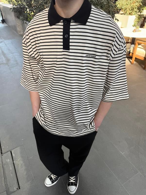 Jaceyjace Basic Cizgili Polo Yaka - Kemik