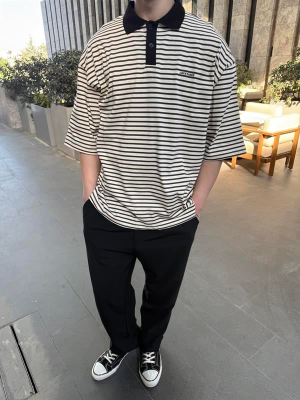 Jaceyjace Basic Cizgili Polo Yaka - Kemik