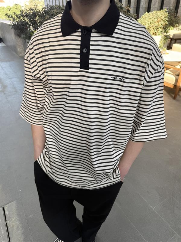 Jaceyjace Basic Cizgili Polo Yaka - Kemik