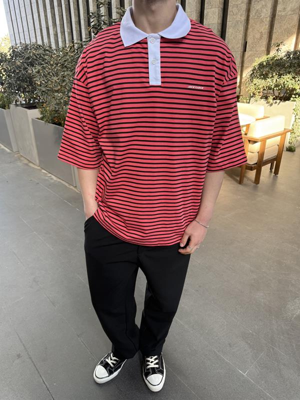Jaceyjace Basic Cizgili Polo Yaka - Nar