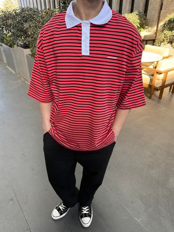 Jaceyjace Basic Cizgili Polo Yaka - Nar
