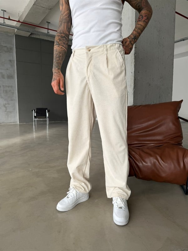 Kadife Basic Baggy Pantolon - Bej