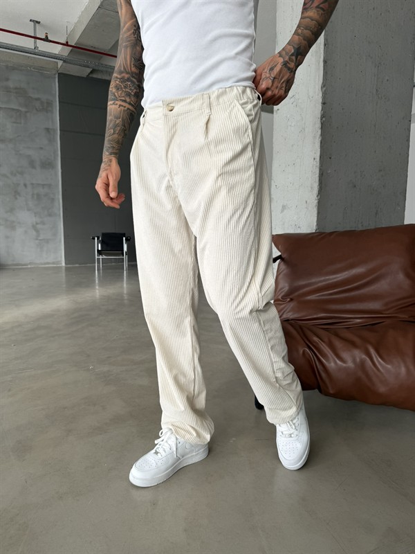 Kadife Basic Baggy Pantolon - Bej