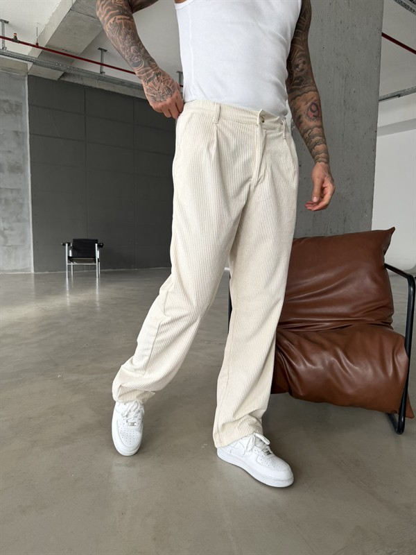 Kadife Basic Baggy Pantolon - Bej