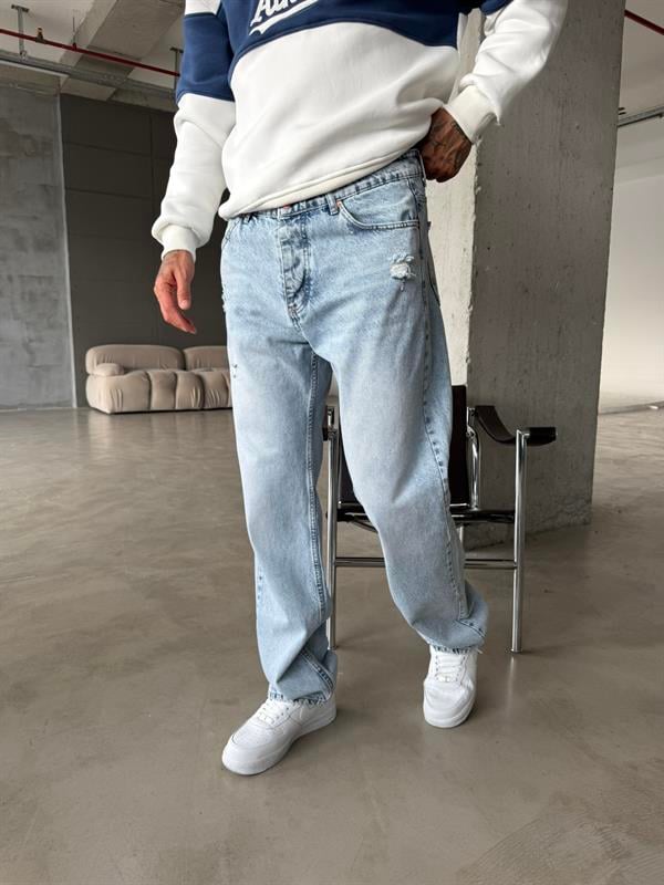 Kar Yıkama Yırtıklı Baggy - Mavi