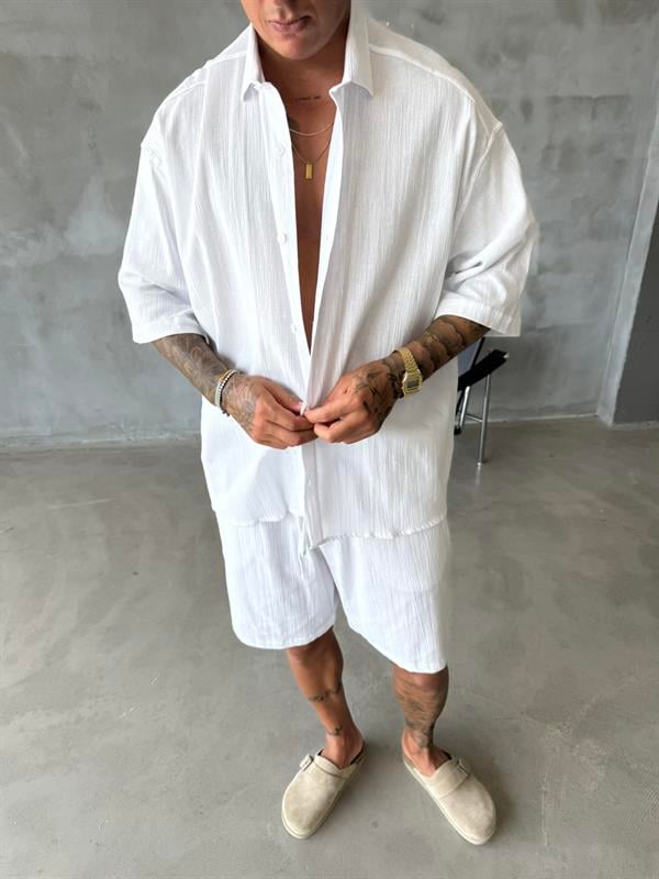 Kısa Kol Keten Gömlek - Beyaz